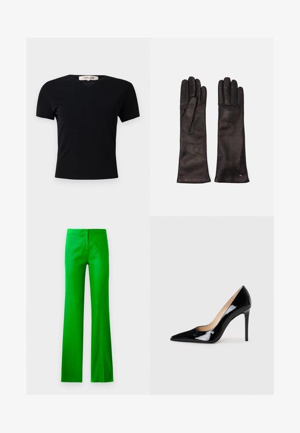 Fekete, rövid ujjú póló V-nyakkivágással, sima, rugalmas anyagból készült. Egyszerű, klasszikus fazonnal rendelkezik, díszítések nélkül.; Fényes zöld, harangszárú nadrág sima anyagból, lapos elülső résszel és látható zsebek nélkül. Tiszta, minimalista dizájn.; Fekete lakkbőr magas sarkú pumpa hegyes orral és elegáns sziluettel. Simább, fényes felülettel és karcsú tűsarokkal rendelkezik.; Weekend Max Mara SENAPE - Kesztyűk - nero