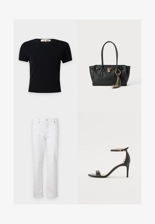 Fekete, rövid ujjú póló V-nyakkivágással, sima, rugalmas anyagból készült. Egyszerű, klasszikus fazonnal rendelkezik, díszítések nélkül.; Fehér farmernadrág egyenes szárral, öt zsebes dizájn, világos varrások és ezüst gombos záródás. Simább textúra és minimális részletezés.; Fekete bőr magassarkú szandál bokapánttal. Simább textúrájú, nyitott orrú és vékony sarkú. Arany színű csat részlet.; Fekete bőr kézitáska dupla fogantyúkkal, aranyzárral és lánc részletekkel, fekete-fehér bojt kiegészítővel, fehér háttéren.