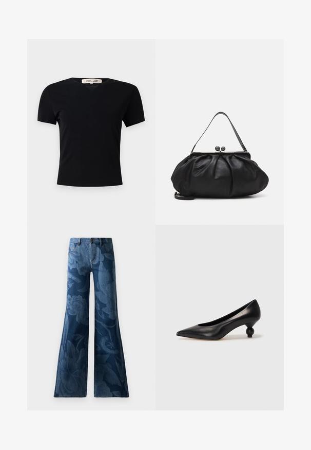 Fekete, rövid ujjú póló V-nyakkivágással, sima, rugalmas anyagból készült. Egyszerű, klasszikus fazonnal rendelkezik, díszítések nélkül.; Sötétkék, bővülő szárú farmernadrág, melyen egyszínű virágminta található. Hagyományos, öt zsebes kialakítás, elöl gombbal és cipzárral záródik.; Fekete bőr magassarkú cipő, hegyes orral és kerek, gömbölyű sarokkal. Simább textúrával, elegáns, minimalista dizájnnal.; Fekete bőr kézitáska lekerekített, pliszírozott dizájnnal. Fémes zárja két dekoratív golyóval és egy vékony, lecsatolható pánttal rendelkezik.