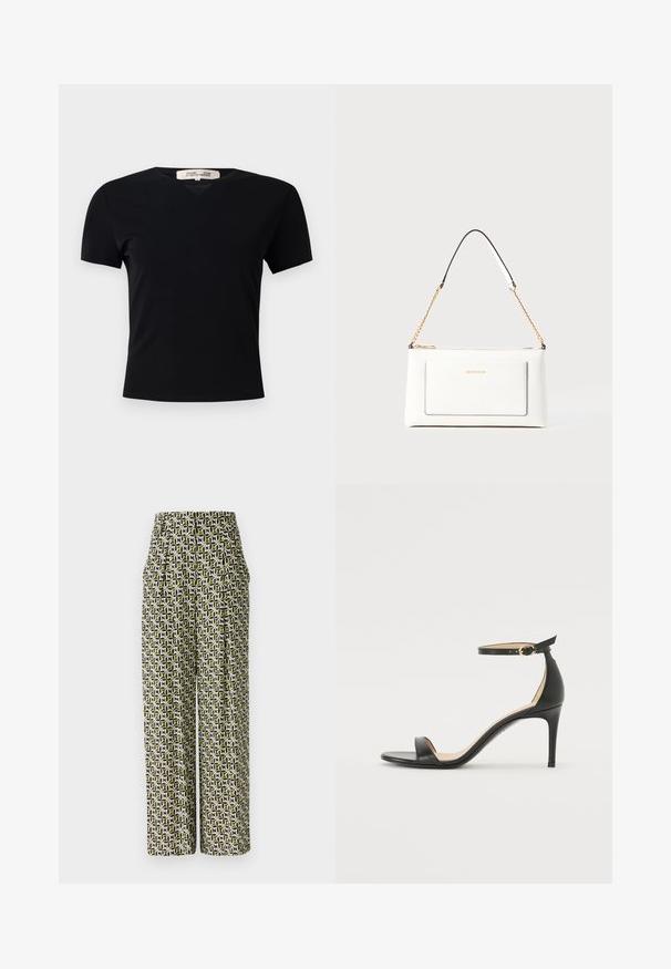 Zwarte T-shirt met korte mouwen en V-halsontwerp, gemaakt van een gladde, rekbare stof. Kenmerkt zich door een eenvoudige, klassieke silhoutte zonder versieringen.; Diane von Furstenberg BELLINI PANTS - Broek - green; Zwarte leren hoge hak sandaal met enkelbandje. Heeft een gladde textuur, open teen en een dunne hak. Gouden gesp detail.; Witte leren handtas met een textuurafwerking, voorzien van een gouden schouderhengsel en zwarte accenten. Inclusief een voorvak en ritssluiting.