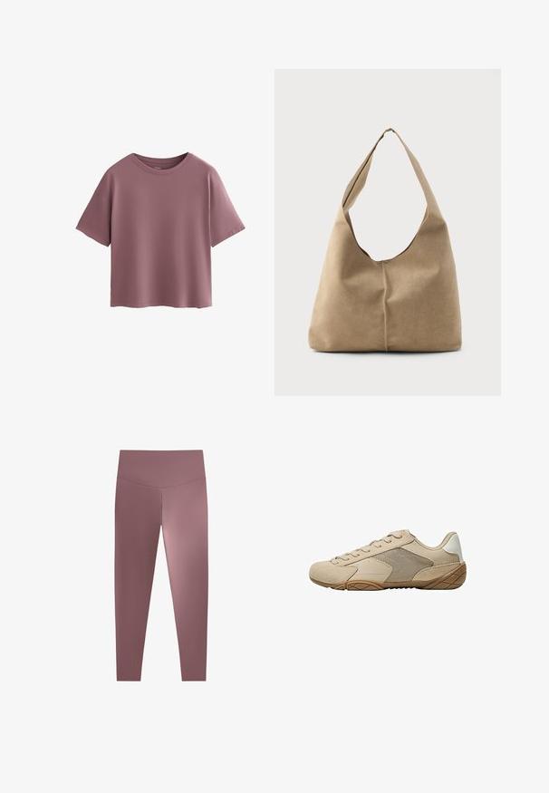 Rövid ujjú, laza fazonú póló tompa mályva színben. Puha anyagból készült, kerek nyakkivágással és egyszerű dizájnnal, minta vagy díszítés nélkül.; Magas derékú, testre simuló leggings, visszafogott mályva színben, sima, rugalmas anyagból készült. Zökkenőmentes kivitelezés, látható fém részek nélkül.; Beige sportcipő velúr és hálós felsőrésszel, strukturált gumitalppal és lapos fűzőkkel. Simább díszítések a sarokrészen és kerek orrformaterv.; Puha bézs velúr hobo táska laza formával, széles vállpánttal és kézzel varrt varrási részlettel az elején.