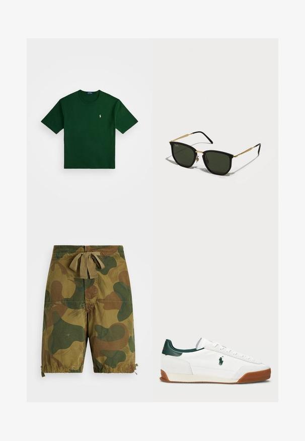 Polo Ralph Lauren RELAXED FIT LOGO JERSEY T-SHIRT - T-shirts med print - northwest pine; Kamuflasjonsshorts i ulike nyanser av grønn og brun, laget av lett materiale, med snorstreng i livet og rynkede nederdelsdetaljer.; Hvite sneakers med grønne lærdetaljer og en tan gummisåle. Har en stoffoverdel og en fremtredende logo på siden. Snøring.; Sorte katteøye solbriller med grønne linser, gullmetallakenter og slanke sorte stenger. Strukturert ramme med et dristig, geometrisk design.