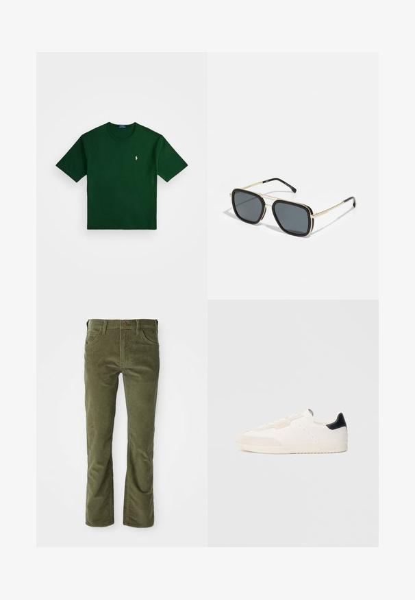Polo Ralph Lauren RELAXED FIT LOGO JERSEY T-SHIRT - Tričko s potlačou - northwest pine; Olivové kordové nohavice s prednými vreckami, pútka na opasok, zapínanie na gombík a miernym rozšírením na koncoch nohavíc.; Biele kožené tenisky s detailmi z semišu, vybavené čiernou pätovou záložkou, šnurovaním, perforovanými detailmi a nenápadným logom na boku.; Čierne a zlaté slnečné okuliare so štvorcovým tvarom, kovovým rámom, tmavošedými sklami a čiernymi koncovkami. Má dvojitý mostový dizajn.
