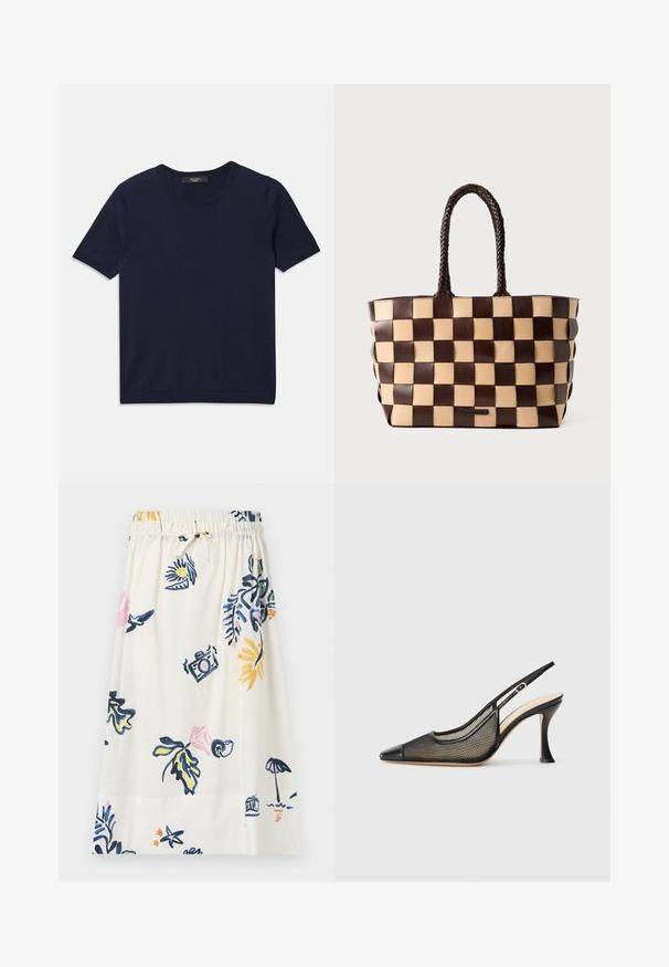 Navy blue short-sleeve T-shirt made of soft fabric, featuring a round neckline and ribbed edges, smooth texture, and no visible patterns.; White knee-length skirt featuring a floral and iconographic print in blue, pink, and yellow. Elastic waistband with a tie detail.; Black slingback high-heeled shoe featuring a pointed toe, mesh detailing, and a smooth leather cap. Colors include black and beige accents.; Brown and beige leather tote bag with a woven checkerboard pattern and braided handles on a white background.