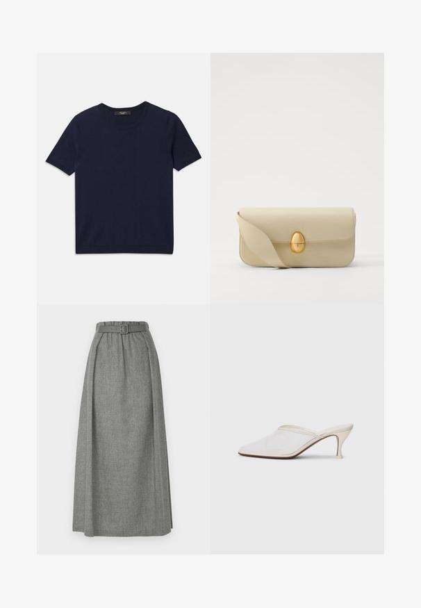 Tums zilā īsajām piedurknēm T-krekls, kas izgatavots no mīksta auduma, ar apaļu izgriezumu un ribotām malām, gluda tekstūra un bez redzamām rakstām.; Emporio Armani GONNA - Maksi svārki - light grey melange; Baltas austs punka purngals mūlis ar šauru vidēji augstu papēdi un uzvelkamu dizainu uz vienkārša fona.; Beige krēma ādas somiņa ar gludu tekstūru, taisnstūra formu un zelta ovālu aizdari. Aprīkota ar garu, regulējamu siksnu.