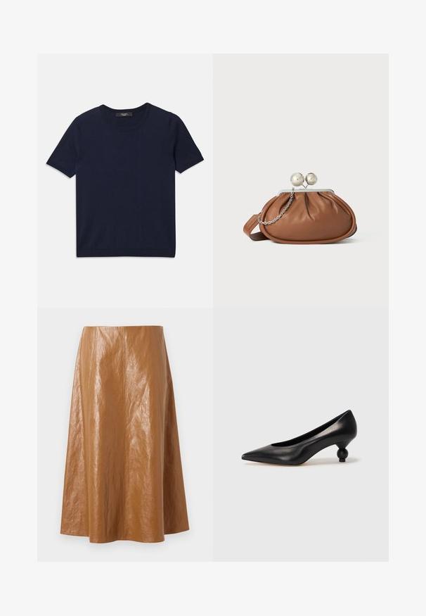 Tricou bleumarin cu mânecă scurtă, fabricat dintr-un material moale, cu guler rotund și margini ribolite, textură netedă și fără modele vizibile.; Fustă midi din piele maro cu o textură netedă și lucioasă, cu cusături verticale și un design evazat, care se termină puțin sub genunchi.; Pantofii cu toc înalt din piele neagră, cu vârf ascuțit și toc rotund, mimos. Textură netedă, cu un design elegant și minimalist.; Plic din piele maro cu închidere din bilă argintie și un mic detaliu cu lanț argintiu pe un fundal alb.