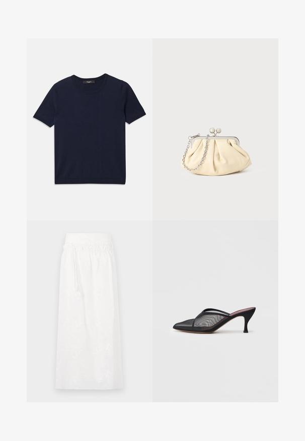 Dunkelblaues Kurzarm-T-Shirt aus weichem Stoff, mit rundem Ausschnitt und gerippten Kanten, glatter Textur und ohne sichtbare Muster.; Weiße Maxiröcke mit elastischem Bund, zarter Blumenstickerei und fließendem Design. Hergestellt aus leichtem Stoff.; Schwarzes Netz-Mule mit spitzem Zehenbereich, dünnen Riemen und 7,5 cm hochhackigem Stiletto-Absatz. Verfügt über eine durchsichtige Textur und eine einfarbige Sohle.; Faltige beigefarbene Ledertasche mit einem silbernen Metallrahmen, ausgestattet mit zwei runden dekorativen Verschlüssen und einem silbernen Kettenriemen.