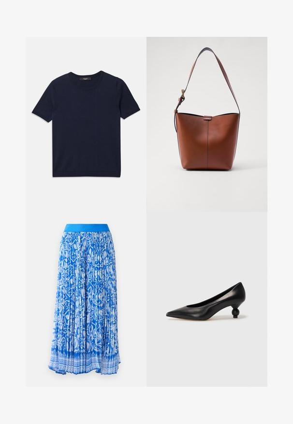Navy blue short-sleeve T-shirt made of soft fabric, featuring a round neckline and ribbed edges, smooth texture, and no visible patterns.; Blue pleated skirt featuring a white intricate floral pattern, with a solid blue waistband. The fabric has a smooth, flowing texture.; Black leather high heel shoe with a pointed toe and a round, balled heel. Smooth texture with a sleek, minimal design.; Brown leather shoulder bag with a curved shape, smooth texture, and a single thin strap. Features a subtle seam and a small logo detail.