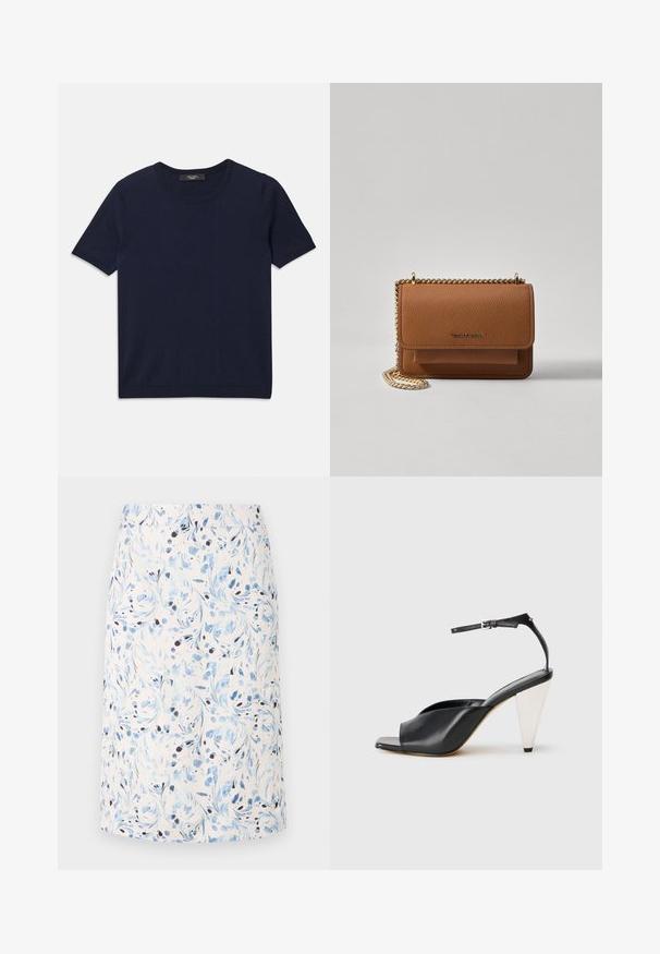 Marineblå kortermet T-skjorte laget av mykt stoff, med rund halsringning og ribbede kanter, glatt tekstur og ingen synlige mønstre.; Blomstrete skjørt med lys bakgrunn, blå virvler og mørke detaljer, laget av pustende stoff, design i kne-lengde.; Svart lær høyhælte sandaler med åpen tå, asymmetrisk design, ankelstropp og en metallisk kjegleformet hæl. Glatt tekstur hele veien.; Brun teksturert lær crossover-veske med gullkjede-stropp og klaffelukking. Fronten har logo-detalj og en lomme under klaffen.