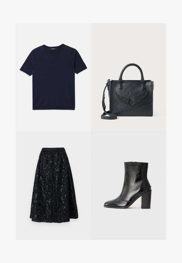 Dunkelblaues Kurzarm-T-Shirt aus weichem Stoff, mit rundem Ausschnitt und gerippten Kanten, glatter Textur und ohne sichtbare Muster.; Weekend Max Mara NOME - A-Linien-Rock - blu; Schwarze Leder-Stiefelette mit glatter Textur, spitzem Fuß und klobigem hohen Absatz. Verfügt über eine seitliche Öffnung und ein minimalistisches Design.; Schwarze Ledertasche mit Flügeldesign-Akzent. Verfügt über zwei runde Griffe und einen abnehmbaren Schultergurt. Texturierte Oberfläche. Kompakte Form.