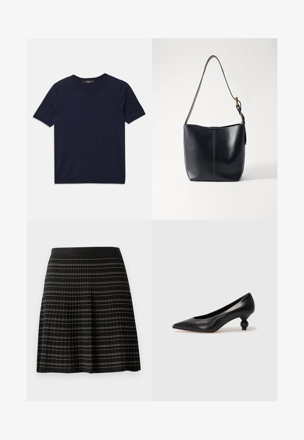Tumesinine lühikese varrukaga T-särk, valmistatud pehmest kangast, ümarate krae ja soonikservadega, sile tekstuur ja ilma nähtavate mustriteta.; Mustan pleediga seelik sileda vöökoha ja õrnade kontrastsete horisontaalsete triipudega hõbedast ja valgest, mis kulgevad läbi kanga.; Must musta kõrge kontsaga king, millel on terav nina ja ümar, pallikujuline konts. Sile pind ja elegantne, minimalistlik disain.; Mustast nahast õla kott, millel on sile tekstuur, õhuke pikk rihm ja diskreetne õmblusdetail keskosas.