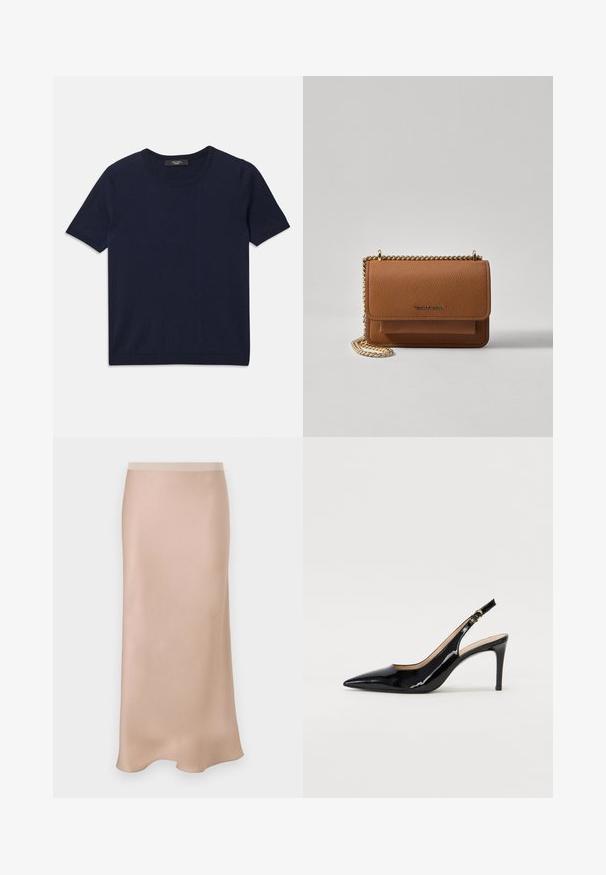 Tamsiai mėlynas trumpų rankovių marškinėliai, pagaminti iš minkštos medžiagos, su apvaliu kaklu ir šonkauliniais kraštais, lygi tekstūra ir be matomų raštų.; Šviesiai smėlio spalvos satino midi sijonas su lygiu paviršiumi. Yra prigludusi juosmens dalis ir subtili A formos silueto linija, lengvai platinanti apatinę dalį.; Juodas lakinės odos slingback batelis su smailiu nosiu, plonu kulnu ir subtiliu išpjovos dizainu. Yra auksinė sagtis ant dirželio.; Ruda tekstūruota odinė per petį nešama rankinė su auksiniu grandininiu dirželiu ir užlenkiamo užsegimo. Priekinėje pusėje yra logotipo detalė ir kišenė po užlenkimu.