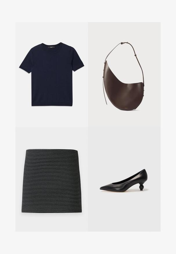 Sötétkék, rövid ujjas póló, puha anyagból készült, kerek nyakkivágással és bordás szegéllyel, sima tapintású, látható minták nélkül.; Fekete szövet szoknya, kis fehér pöttyökkel ellátott geometrikus mintával, egyenes szabással és sima textúrával. Egyszerű és minimalista dizájn.; Fekete bőr magassarkú cipő, hegyes orral és kerek, gömbölyű sarokkal. Simább textúrával, elegáns, minimalista dizájnnal.; Barna bőr kézitáska ívelt formával, egyszálú pánttal és minimalista dizájnnal. Diszkrét logóval és arany színű fém részekkel rendelkezik.