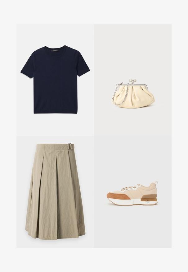 Navy blue short-sleeve T-shirt made of soft fabric, featuring a round neckline and ribbed edges, smooth texture, and no visible patterns.; Beige pleated skirt with a smooth texture, featuring a belt loop and an A-line shape, designed with a knee-length cut.; Sneaker featuring a beige fabric upper with tan suede accents, a white midsole, and a rubber outsole with a branding detail.; Pleated beige leather clutch with a silver metal frame, featuring two round decorative clasps and a silver chain strap.