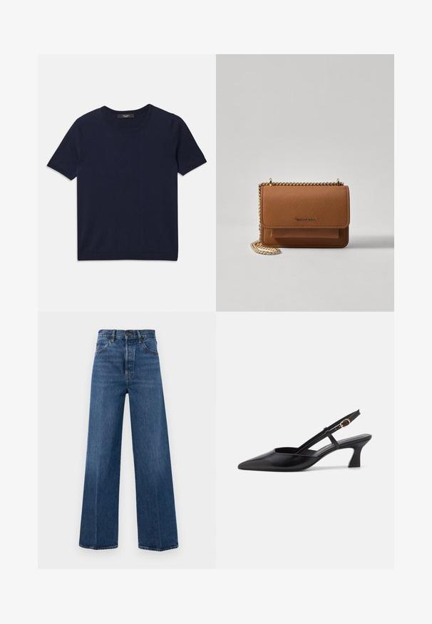 Sotilasmustan lyhythihaisen T-paidan, joka on valmistettu pehmeästä kankaasta, pyöreä pääntie ja ribbaborduurit, sileä rakenne ja ei näkyviä kuvioita.; Sinisiä lanteilta leveitä farkkuja, joissa on korkea vyötärö, etutaskut ja kontrastivärinen ompelu. Kangas on sileää.; Musta nahkainen slingback-kengät, joissa on terävä kärki, matala korko ja säädettävä hihna, jossa on kultainen rengaskoriste. Sileä texture ja minimalistinen muotoilu.; Ruskean teksturoidun nahkasta valmistettu crossbody-laukku, jossa on kultaketjuhihna ja läppäkiinnitys. Edessä on logodetail ja tasku läppäisen alla.