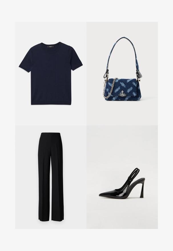 Tamsiai mėlynas trumpų rankovių marškinėliai, pagaminti iš minkštos medžiagos, su apvaliu kaklu ir šonkauliniais kraštais, lygi tekstūra ir be matomų raštų.; Juodi platūs kelnių kelnės su lygiu paviršiumi, turinčios aukštą liemenį ir centrinės raukšlės. Nėra matomų raštų ar metalinių detalių.; Juodas patentuotas odinis slingback aukštiems kulniukams su smailia nosimi, liekniu aukštu kulnu ir dviguba elastinga juosta, užtikrinančia tvirtą prigludimą. Lygus, blizgus paviršius.; Tamsiai mėlynas audinio rankinukas su tekstūruotu dizainu, sidabrinės spalvos detalėmis ir nuimama grandinėle. Yra užsegimas ant ventiliatoriaus ir logotipo akcentas.