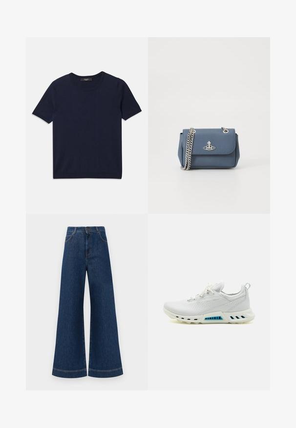 Tamnoplava majica kratkih rukava od mekog materijala, s okruglim izrezom i rebrastim rubovima, glatke teksture i bez vidljivih uzoraka.; Široke plave traperice s visokim strukom, s kopčanjem na gumbe, petljama za remen i suptilnim detaljima šavova duž džepova i rubova.; Bijele atletske tenisice s glatkim sintetičkim gornjim dijelom, perforiranim uzorcima i svijetloplavim detaljima. Debeli potplat s ventilacijskim otvorima.; Plava teksturirana faux kožna torbica s metalnom lancem i logotipom na prednjoj strani. Zatvaranje na kopču s preklopnim dizajnom.