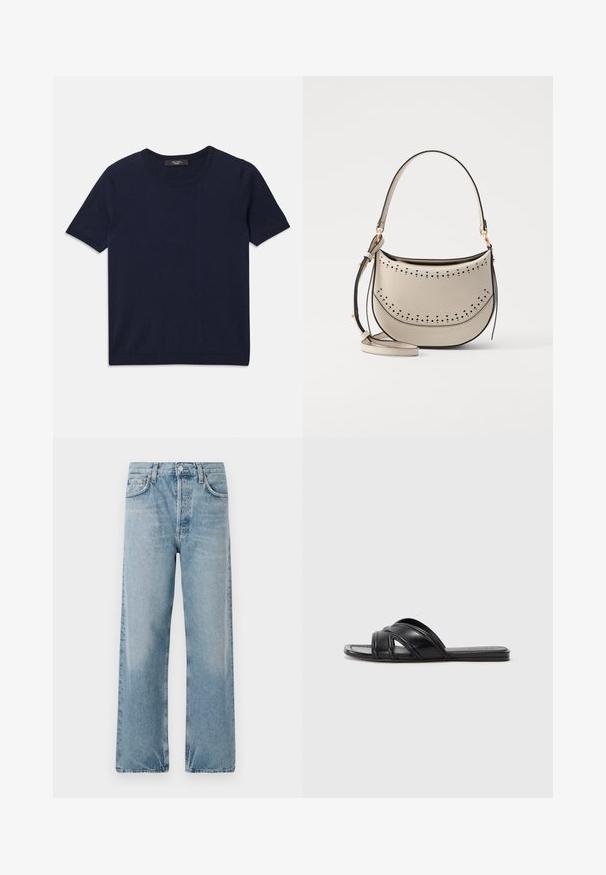 Navy blue short-sleeve T-shirt made of soft fabric, featuring a round neckline and ribbed edges, smooth texture, and no visible patterns.; Light blue denim jeans with a high waist, wide-leg cut, and five-pocket design. Features a button fly and subtle fading.; Black slide sandals with a smooth leather finish, featuring crisscross straps and cut-out details, and a flat, flexible sole.; Vanessa Bruno MINI DAILY BAG - Handbag - ivoire