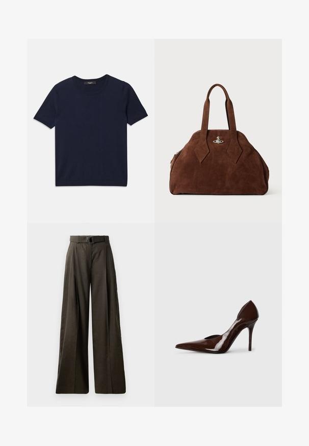 Dunkelblaues Kurzarm-T-Shirt aus weichem Stoff, mit rundem Ausschnitt und gerippten Kanten, glatter Textur und ohne sichtbare Muster.; Hoch taillierte, weit geschnittene Hose aus dunkelbraunem Stoff mit glatter Textur. Verfügt über einen passenden Gürtel mit einer runden Schnalle und gefaltetem Design.; Braune Lacklederschuhe mit hohen Absätzen, spitzem Fuß und Ausschnitten an den Seiten, mit einem dünnen Absatz und glatter Oberfläche.; Braune Wildleder-Handtasche mit strukturiertem Design, abgerundeter Form und länglichen, diamantförmigen Griffen. Mit einem silbernen Metallverschluss ausgestattet.