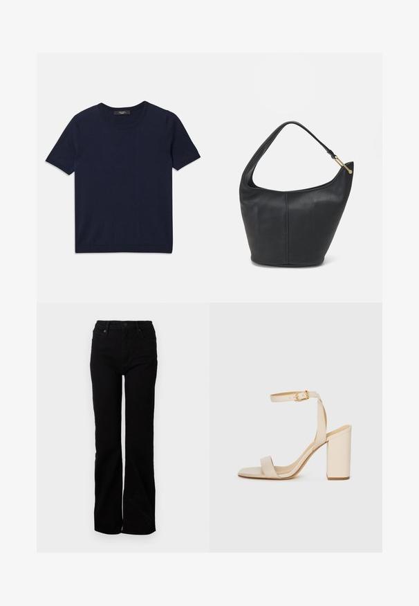 T-shirt de manga curta azul marinho, feito de tecido suave, com decote redondo e bordas caneladas, textura lisa e sem padrões visíveis.; Calças de ganga pretas com um design de perna reta, estilo de cinco bolsos, fecho com botão à frente e uma textura subtil. Sem padrões ou acabamentos visíveis.; Sandalha de salto alto bege com bico quadrado, tira fina no tornozelo e salto bloco. Textura de couro suave com detalhe de fivela dourada.; Bolsa de mão em pele preta com uma forma arredondada, uma alça larga e um acabamento texturizado. Apresenta um discreto detalhe de costura e um acabamento em metal dourado.
