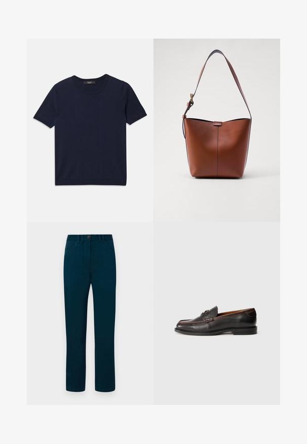 Mörkblå t-shirt med kort ärm gjord av mjukt tyg, med rund halsringning och ribbade kanter, slät textur och utan synliga mönster.; Mörkblågröna byxor i rak modell, med knäppning, framfickor och en mjuk bomullstextil.; Svarta läderloafers med en slät yta, rund tå och sömnadsdetaljer. Har en låg klack och en minimalistisk design.; Brun läderaxelväska med en böjd form, slät yta och ett enda tunt band. Har en subtil söm och en liten logotypdetalj.