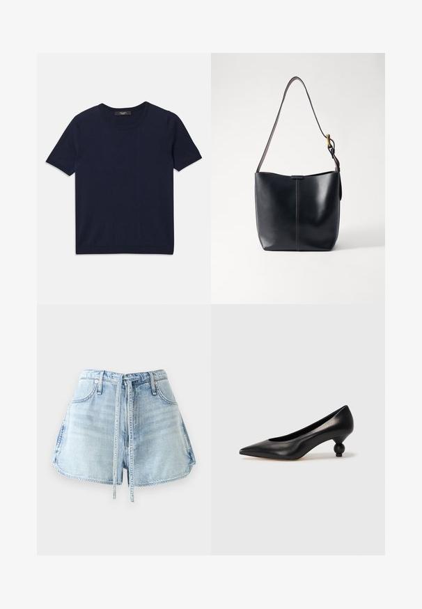 T-shirt à manches courtes bleu marine en tissu doux, avec un col rond et des bords côtelés, texture lisse et sans motifs visibles.; Shorts en denim bleu clair avec une taille à cordon, cinq poches et des bords effilochés. Le tissu a une texture usée.; Chaussure à talon haut en cuir noir avec un bout pointu et un talon arrondi. Texture lisse avec un design épuré et minimal.; Sac à épaule en cuir noir avec une texture lisse, doté d'une fine bandoulière longue et d'un discret détail cousu au centre.