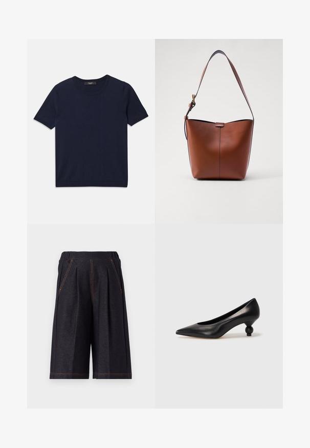 Navy blue short-sleeve T-shirt made of soft fabric, featuring a round neckline and ribbed edges, smooth texture, and no visible patterns.; Dark gray shorts made from soft fabric, featuring pleats and orange stitching accents. Elastic waistband for comfort, knee-length design.; Black leather high heel shoe with a pointed toe and a round, balled heel. Smooth texture with a sleek, minimal design.; Brown leather shoulder bag with a curved shape, smooth texture, and a single thin strap. Features a subtle seam and a small logo detail.