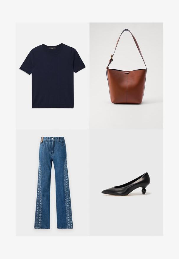 Tums zilā īsajām piedurknēm T-krekls, kas izgatavots no mīksta auduma, ar apaļu izgriezumu un ribotām malām, gluda tekstūra un bez redzamām rakstām.; MCM Džinsi ar taisnām starām - blue; Melnas ādas augstpapēžu kurpes ar smailu purngalu un apaļu papēdi. Gluda tekstūra ar elegantu, minimālistisku dizainu.; Brūna ādas plecu soma ar izliekta formu, gludu tekstūru un vienu plānu siksnu. Iekļauj subtilu šuvumu un mazu logotipa detaļu.