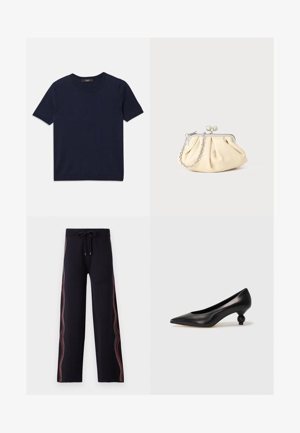 Tamsiai mėlynas trumpų rankovių marškinėliai, pagaminti iš minkštos medžiagos, su apvaliu kaklu ir šonkauliniais kraštais, lygi tekstūra ir be matomų raštų.; Juodi plačiakraščiai kelnių su minkšta tekstūra, su daugiaspalvėmis dekoratyvinėmis siūlėmis šonuose ir reguliuojamo ilgio raišteliu juosmenyje.; Juoda odinė aukštakulnė bateliai su smailiu pirštu ir apvaliu, iškiliu kulnu. Lygus paviršius su elegantišku, minimalistiniu dizainu.; Plyšiniai smėlio spalvos odiniai rankinukai su sidabriniu metaliniu rėmu, turintys du apvalius dekoratyvinius užtrauktukus ir sidabrinę grandinėlę.