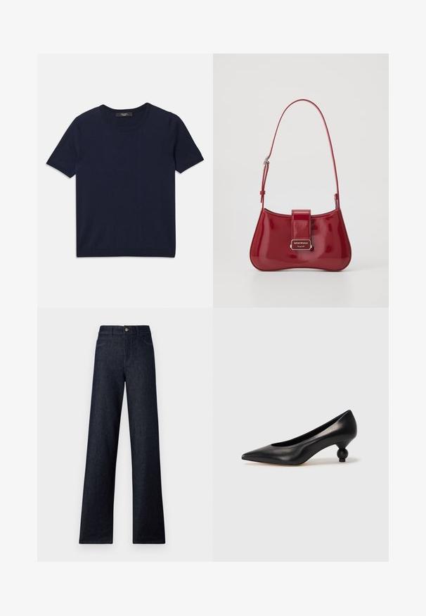 Sotilasmustan lyhythihaisen T-paidan, joka on valmistettu pehmeästä kankaasta, pyöreä pääntie ja ribbaborduurit, sileä rakenne ja ei näkyviä kuvioita.; Tummat farkut korkealla vyötäröllä ja leveillä lahkeilla, joissa on viisi taskua, nappisuljenta ja erottuva ommel. Sileä pinta ilman kuvioita.; Musta nahkakengät korkealla korolla, joissa on terävä kärki ja pyöreä, pallomainen korko. Sileä pinta ja tyylikäs, minimalistinen muotoilu.; Punainen lakattu käsilaukku, jossa on kaareva muoto, läppä suljenta ja hopeinen logoaksentti. Mukana säädettävä olkahihna.