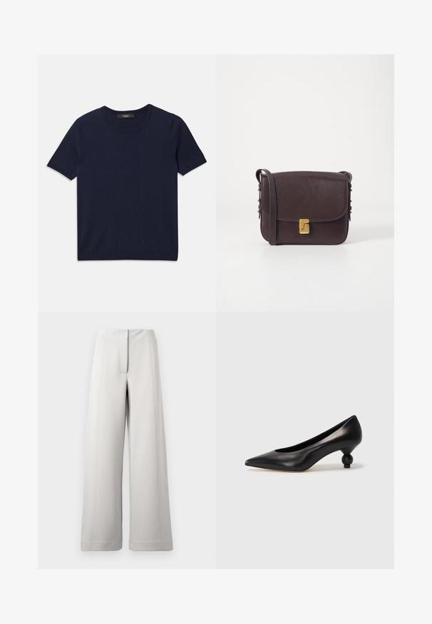 Tamsiai mėlynas trumpų rankovių marškinėliai, pagaminti iš minkštos medžiagos, su apvaliu kaklu ir šonkauliniais kraštais, lygi tekstūra ir be matomų raštų.; Šviesiai pilkos plataus kirpimo kelnės, su tvarkingu priekiniu raukiniu, pritaikytais siūlais ir lygia tekstūra.; Juoda odinė aukštakulnė bateliai su smailiu pirštu ir apvaliu, iškiliu kulnu. Lygus paviršius su elegantišku, minimalistiniu dizainu.; Tamsiai rudos odos per petį nešiojama rankinė su užklotu, turinti auksinę užsegimą ir dekoratyvinius auksinius akcentus šone. Lygus paviršius.