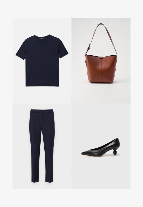 T-shirt à manches courtes bleu marine en tissu doux, avec un col rond et des bords côtelés, texture lisse et sans motifs visibles.; Weekend Max Mara FREDA - Pantalon classique - blu; Chaussure à talon haut en cuir noir avec un bout pointu et un talon arrondi. Texture lisse avec un design épuré et minimal.; Sac à épaule en cuir marron avec une forme courbée, texture lisse et une seule sangle fine. Présente une couture subtile et un petit logo.