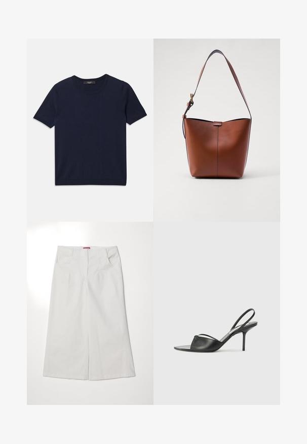T-shirt à manches courtes bleu marine en tissu doux, avec un col rond et des bords côtelés, texture lisse et sans motifs visibles.; Pantalons larges blancs en coton, dotés de deux poches avant, d'une texture lisse et d'une taille droite avec une fermeture discrète.; Escarpins en cuir noir à talon décolleté, avec un bout pointu, une fine bride de cheville et un talon aiguille. Présente un détail noué sur le devant.; Sac à épaule en cuir marron avec une forme courbée, texture lisse et une seule sangle fine. Présente une couture subtile et un petit logo.