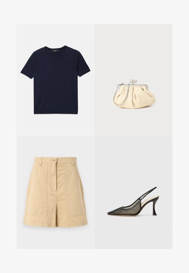 T-shirt à manches courtes bleu marine en tissu doux, avec un col rond et des bords côtelés, texture lisse et sans motifs visibles.; Shorts en coton beige à taille haute, avec fermeture à bouton sur le devant, passants de ceinture et deux poches plaquées à l'avant. Texture lisse et design ajusté.; Escarpin noir à talon haut avec un bout pointu, des détails en mesh et un cap en cuir lisse. Les couleurs incluent du noir et des accents beiges.; Pochette en cuir beige plissé avec un cadre en métal argenté, dotée de deux fermoirs ronds décoratifs et d'une chaîne en argent.