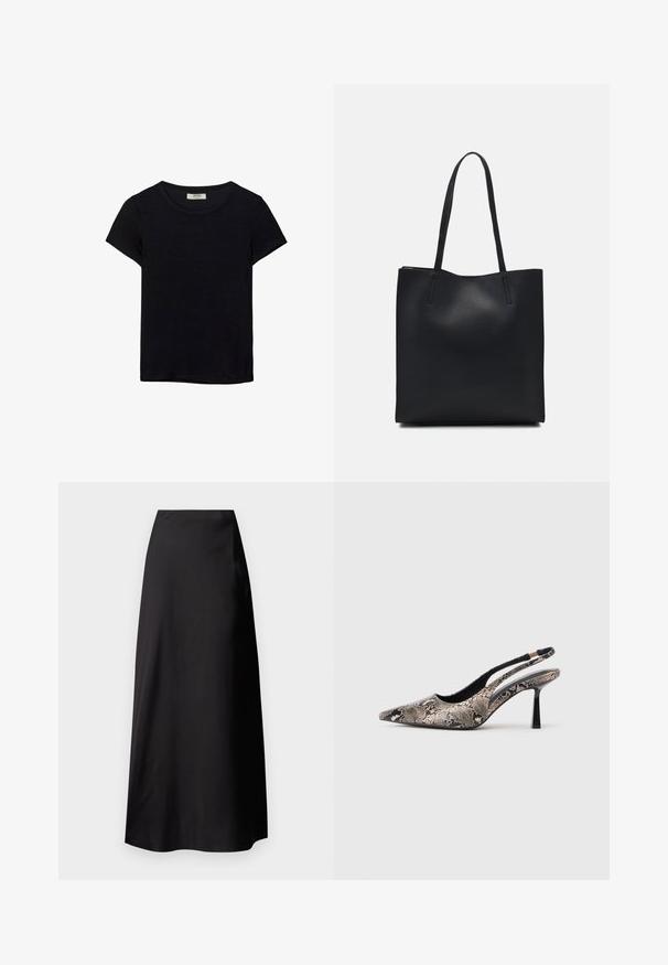 Mustat lyhythihaiset t-paidat, jotka on valmistettu pehmeästä kankaasta. Contains classic pyöreä kaula-aukko ja rento istuvuus. Ei näkyviä kuvioita tai yksityiskohtia.; Mustat satiini maksihame, jossa on sileä tekstuuri, korkeavyötäröinen muotoilu, soljuva siluetti, eikä näkyviä kuvioita tai metalliosia.; Kengät, joissa on kärki terävä ja slingback-malli, valmistettu tekstuurista matelijannahkaa muistuttavasta materiaalista. Niissä on hoikka musta korko ja leikattu muotoilu sivuilla.; Mustapahkainen kangaskassi, jossa on sileä pinta, suorakaiteen muotoinen ja kaksi pitkää kahvaa. Ei näkyvää metalliosaa tai koristeita.