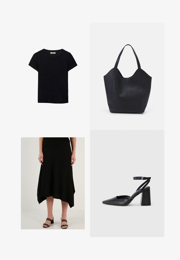 Čierne tričko s krátkym rukávom vyrobené z jemného materiálu. Má klasický okrúhly výstrih a voľný strih. Bez vzorov alebo akcentov.; Čierna midi sukňa s textúrovanou tkaninou, asymetrickým lemom a splývavým dizajnom. Vytvorená v kombinácii s čiernymi sandálmi na podpätku.; Čierne kožené lodičky s špicatou špičkou a členkovým remienkom, s masívnym podpätkom. Hladký povrch, elegantný dizajn a minimalistická estetika.; Čierna taška s dlhým uchom vyrobená z hladkej kože, s oblým otvoreným vrchom a dvoma ramennými popruhmi, minimalistického dizajnu.