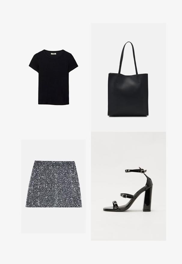 Čierne tričko s krátkym rukávom vyrobené z jemného materiálu. Má klasický okrúhly výstrih a voľný strih. Bez vzorov alebo akcentov.; Strieborná mini sukňa s flitrami s textúrovaným vzorom a rovný strih. Tkanina vyzerá lesklá a odrazivá.; Čierne lakované sandále na podpätku so štvorcovou špičkou, navlečenými remienkami okolo členku a striebornými prackami. Disponujú masívnym blokovým podpätkom pre stabilitu.; Čierna kožená taška na rameno s hladkým povrchom, obdĺžnikovým tvarom a dvoma dlhými uchami. Bez viditeľného kovania alebo ozdôb.