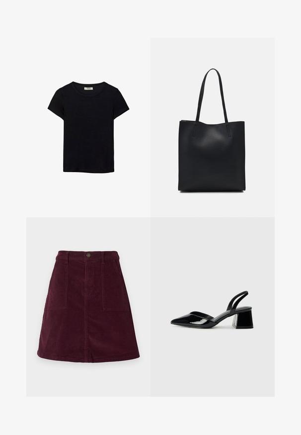 Čierne tričko s krátkym rukávom vyrobené z jemného materiálu. Má klasický okrúhly výstrih a voľný strih. Bez vzorov alebo akcentov.; Bordová sukňa do A z cordurovu s dvoma prednými vreckami, zapínaním na gombíky v páse a textúrovaným povrchom.; Čierne lakované kožené sandálové podpätky s špicatou špičkou a geometrickým blokovým podpätkom. Disponujú elegantným, minimalistickým dizajnom a hladkým povrchom.; Čierna kožená taška na rameno s hladkým povrchom, obdĺžnikovým tvarom a dvoma dlhými uchami. Bez viditeľného kovania alebo ozdôb.