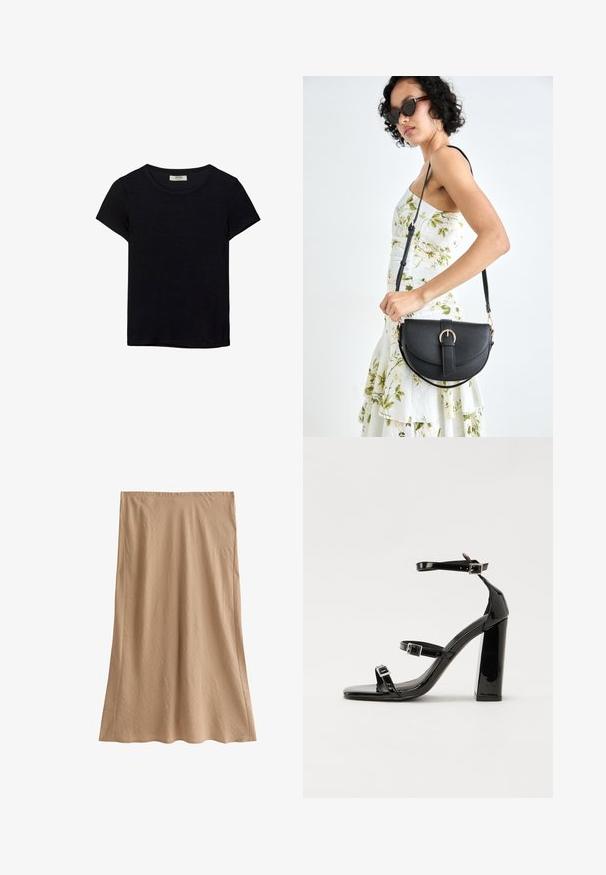 Schwarzes kurzärmeliges T-Shirt aus weichem Stoff. Mit klassischem Rundhalsausschnitt und lockerer Passform. Keine Muster oder Akzente sichtbar.; Langer, beiger Rock aus strukturiertem Stoff, mit einem elastischen Bund und einer geraden Silhouette, die am Saum leicht ausgestellt ist.; Schwarze patentierte Sandalen mit Absatz, quadratischer Spitze, Knöchelriemen und silbernen Schnallen. Mit einem stabilen Blockabsatz für mehr Stabilität.; Schwarze Lederhandtasche mit geschwungener Form, abnehmbarem Tragegurt und goldenen Beschlägen. Die Tasche verfügt über einen Deckel mit einer Schnallen-Details.