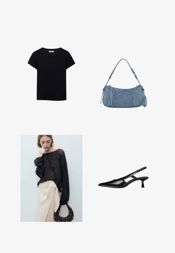 Črna kratkotrajna majica s kratkimi rokavi, narejena iz mehkega materiala. Ima klasičen krožni izrez in sproščen kroj. Ni vidnih vzorcev ali dodatkov.; Rjav pleten pulover z velikanskimi rokavi, v kombinaciji z bež zavitim krilom z bočno zanko. Dodatki vključujejo okroglo, zakovikano rjavo torbico.; Črne patentični usnjeni salonarji s slingback designom, z zašiljenim nosom, izrezanim stranskim dizajnom in majhnim kvadratnim peto. Gladka tekstura z minimalnimi detajli.; Denim torbica s zakrivljenim oblikom, svetlo modre barve, nastavljivim naramnicam in majhno odstranitveno torbico z metalnimi detajli.