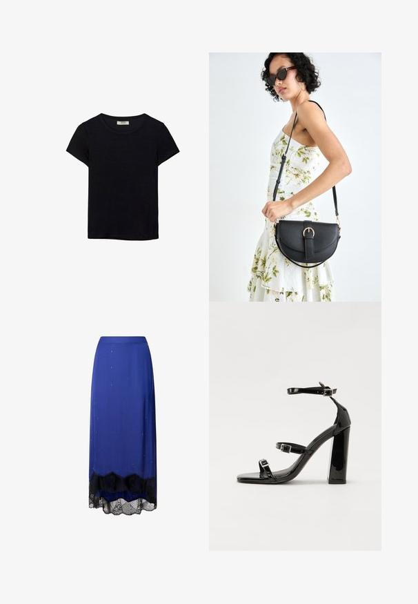 Črna kratkotrajna majica s kratkimi rokavi, narejena iz mehkega materiala. Ima klasičen krožni izrez in sproščen kroj. Ni vidnih vzorcev ali dodatkov.; Modra satenasta krila z razpršenimi zlatimi okraski, črno čipkastim robom v obliki školjke in gladkim, tekočim dizajnom.; Črne lakirane sandale s peto, kvadratnim prstom, trakovi okrog gležnja in srebrnimi zaponkami. Opremljene so s stabilno Debelo peto.; Črna usnjena torbica s ukrivljeno obliko, z odstranljivo naramnico in zlatimi dodatki. Torbica ima pokrov s podrobnostmi v obliki zaponke.