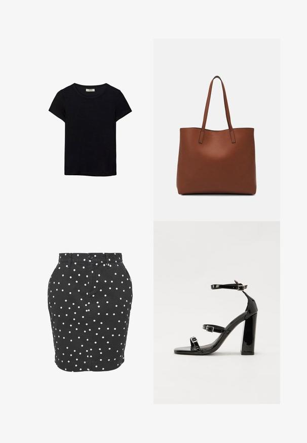T-shirt noir à manches courtes en tissu doux. Il possède un col rond classique et une coupe décontractée. Aucun motif ni accent visible.; Jupe en denim noir avec des pois blancs, au design ajusté, et une fermeture à boutons à l'avant, avec des poches sur les côtés.; Sandales à talons vernies noires avec un bout carré, des sangles autour de la cheville et des boucles en argent. Dotées d'un talon bloc épais pour plus de stabilité.; Sac fourre-tout en cuir marron avec une texture lisse, design à ouverture supérieure et deux poignées pour le porter à l'épaule. Présente des coutures minimales et aucun matériel visible.