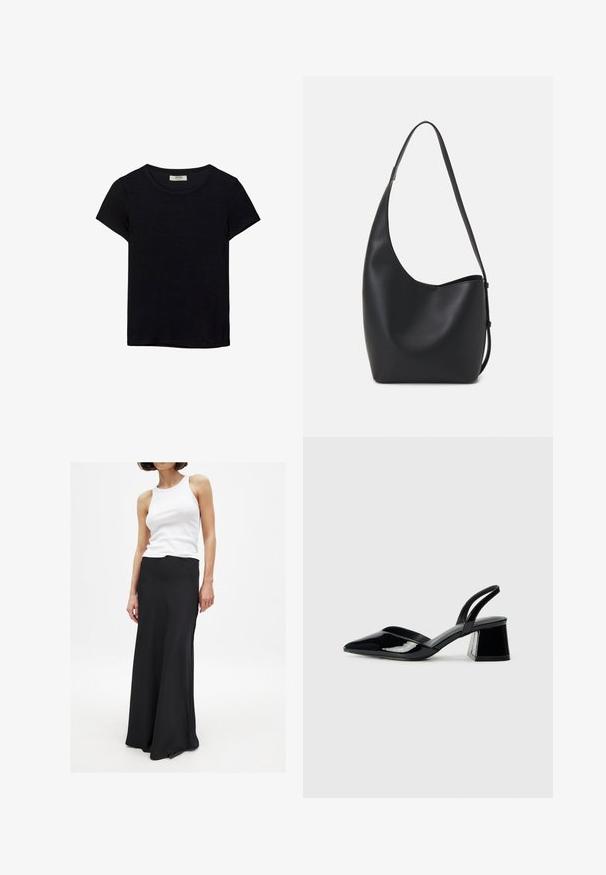 Sort kortærmet t-shirt lavet af blødt stof. Har en klassisk rund halsudskæring og en afslappet pasform. Ingen mønstre eller accenter synlige.; Sorte gulvlange nederdel af glat stof, med en tætsiddende talje og let udvidelse mod kanten. Stylet med en hvid tanktop.; Sorte patentlæder slingback hæle med spids tå og en geometrisk blok hæl. Har et elegant, minimalistisk design og en glat tekstur.; Sort læder hobo taske med en glat overflade, buet form og en enkelt justerbar rem; har en bred åbning øverst.