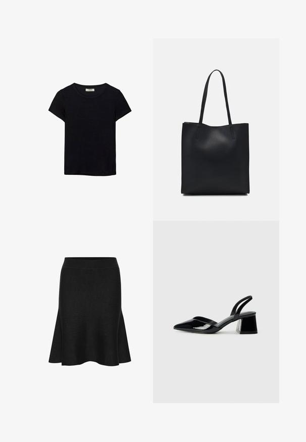 T-shirt nero a maniche corte realizzato in tessuto morbido. Presenta un classico collo rotondo e una vestibilità rilassata. Nessun motivo o accento visibile.; Gonna nera a maglia svasata con vita alta. Presenta una texture liscia e un lieve svaso all'orlo. Nessun motivo o accento visibile.; Décolleté in vernice nera con punta affusolata e tacco in geometria cubica. Presentano un design elegante e minimalista, con una texture liscia.; Borsa tote in pelle nera con texture liscia, forma rettangolare e due manici lunghi. Nessun hardware o decorazione visibile.