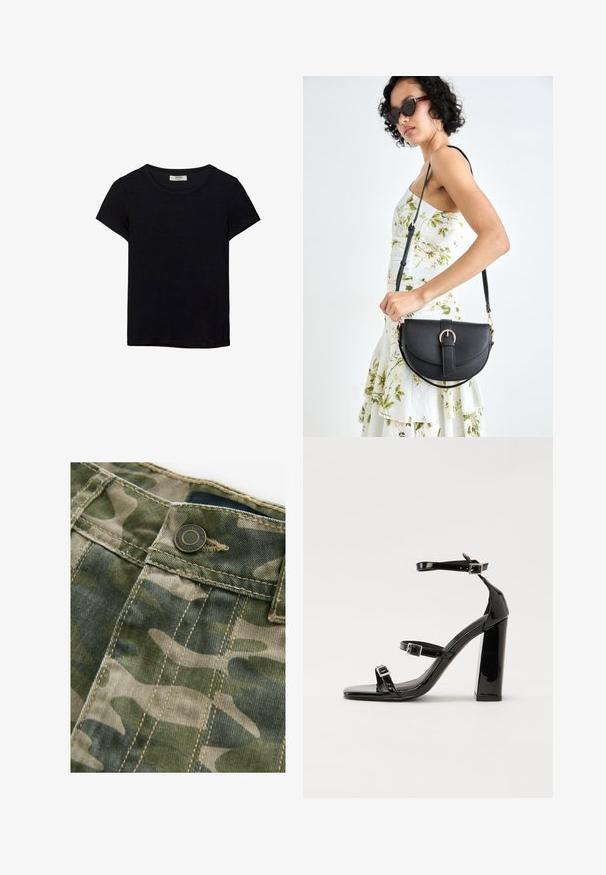 Schwarzes kurzärmeliges T-Shirt aus weichem Stoff. Mit klassischem Rundhalsausschnitt und lockerer Passform. Keine Muster oder Akzente sichtbar.; Tarnmusterstoff in Grüntönen und Beige mit sichtbaren Nähten. Verfügt über einen Metallknopf in der Taille, Denim-Struktur.; Schwarze patentierte Sandalen mit Absatz, quadratischer Spitze, Knöchelriemen und silbernen Schnallen. Mit einem stabilen Blockabsatz für mehr Stabilität.; Schwarze Lederhandtasche mit geschwungener Form, abnehmbarem Tragegurt und goldenen Beschlägen. Die Tasche verfügt über einen Deckel mit einer Schnallen-Details.