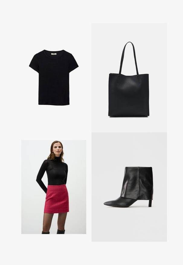 Black short-sleeve t-shirt made of soft fabric. Features a classic crew neckline and a relaxed fit. No patterns or accents visible.; Black long-sleeve turtleneck top paired with a textured pink mini skirt, worn with black knee-high boots, against a plain white background.; Black leather mid-calf boot with pointed toe, folded upper shaft, and slender low heel standing on white background.; Black leather tote bag with smooth texture, rectangular shape, and two long handles. No visible hardware or embellishments.