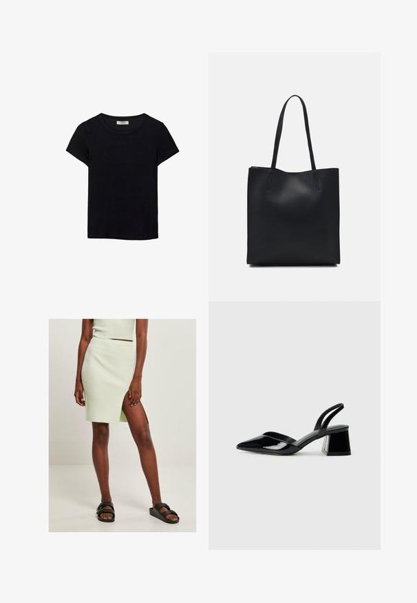Svart t-shirt med kort ärm, tillverkad av mjukt tyg. Har en klassisk rund halsringning och en avslappnad passform. Inga mönster eller detaljer synliga.; Ljusgrön ribbad stickad kjol med en hög slits vid låret, tillsammans med svarta sandaletter i slide-stil. En enkel, figurnära design framhäver struktur och färg.; Svarta lackläder slingback klackar med spetsig tå och geometrisk klack. Har en elegant, minimalistisk design och slät yta.; Svart lädertoffelväska med slät textur, rektangulär form och två långa handtag. Ingen synlig hårdvara eller dekorationer.