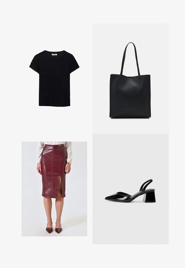 Czarna koszulka z krótkim rękawem, wykonana z miękkiego materiału. Posiada klasyczny okrągły dekolt i luźny krój. Brak widocznych wzorów lub akcentów.; Burgundowa, sięgająca kolan spódnica ołówkowa z błyszczącej sztucznej skóry, z rozcięciem z przodu, przeszyciami oraz ozdobnym guzikiem w talii.; Czarne lakierowane półbuty na obcasie z wydłużonym noskiem i geometrycznym słupkiem. Charakteryzują się eleganckim, minimalistycznym designem oraz gładką fakturą.; Czarna skórzana torba tote o gładkiej fakturze, prostokątnym kształcie i dwóch długich uchwytach. Brak widocznych elementów metalowych i ozdób.