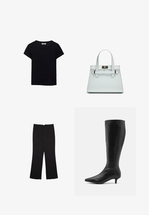 T-shirt nero a maniche corte realizzato in tessuto morbido. Presenta un classico collo rotondo e una vestibilità rilassata. Nessun motivo o accento visibile.; Pantaloni neri a gamba dritta, con tasche frontali e spacchi laterali all'orlo. Realizzati in tessuto morbido e liscio. Adatti a diverse occasioni.; RAID ALPINE - Stivali alti - black; Borsa a mano azzurro chiaro con design strutturato, due manici e chiusura in metallo tono argento. Materiale testurizzato e angoli acuti.