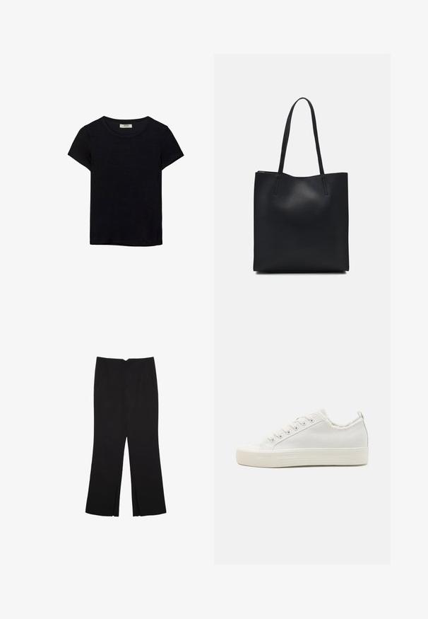 T-shirt nero a maniche corte realizzato in tessuto morbido. Presenta un classico collo rotondo e una vestibilità rilassata. Nessun motivo o accento visibile.; Pantaloni neri a gamba dritta, con tasche frontali e spacchi laterali all'orlo. Realizzati in tessuto morbido e liscio. Adatti a diverse occasioni.; Sneakers bianchi in tela con tomaia testurizzata, punta rotonda, suola piatta e lacci frontali. Presentano un colletto leggermente sfilacciato e una linguetta di pull.; Borsa tote in pelle nera con texture liscia, forma rettangolare e due manici lunghi. Nessun hardware o decorazione visibile.